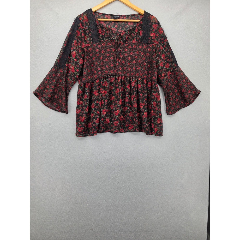 Torrid Floral Babydoll Top Red Rose Lace Trim Bell Sleeve Chiffon Blouse 00 L XL